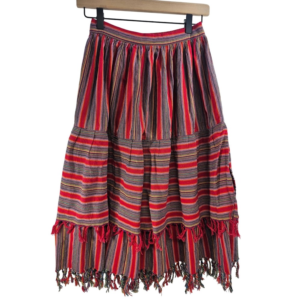 Womens Bohemian Tiered‎ Maxi Skirt Red Stripe Tassel Size Small